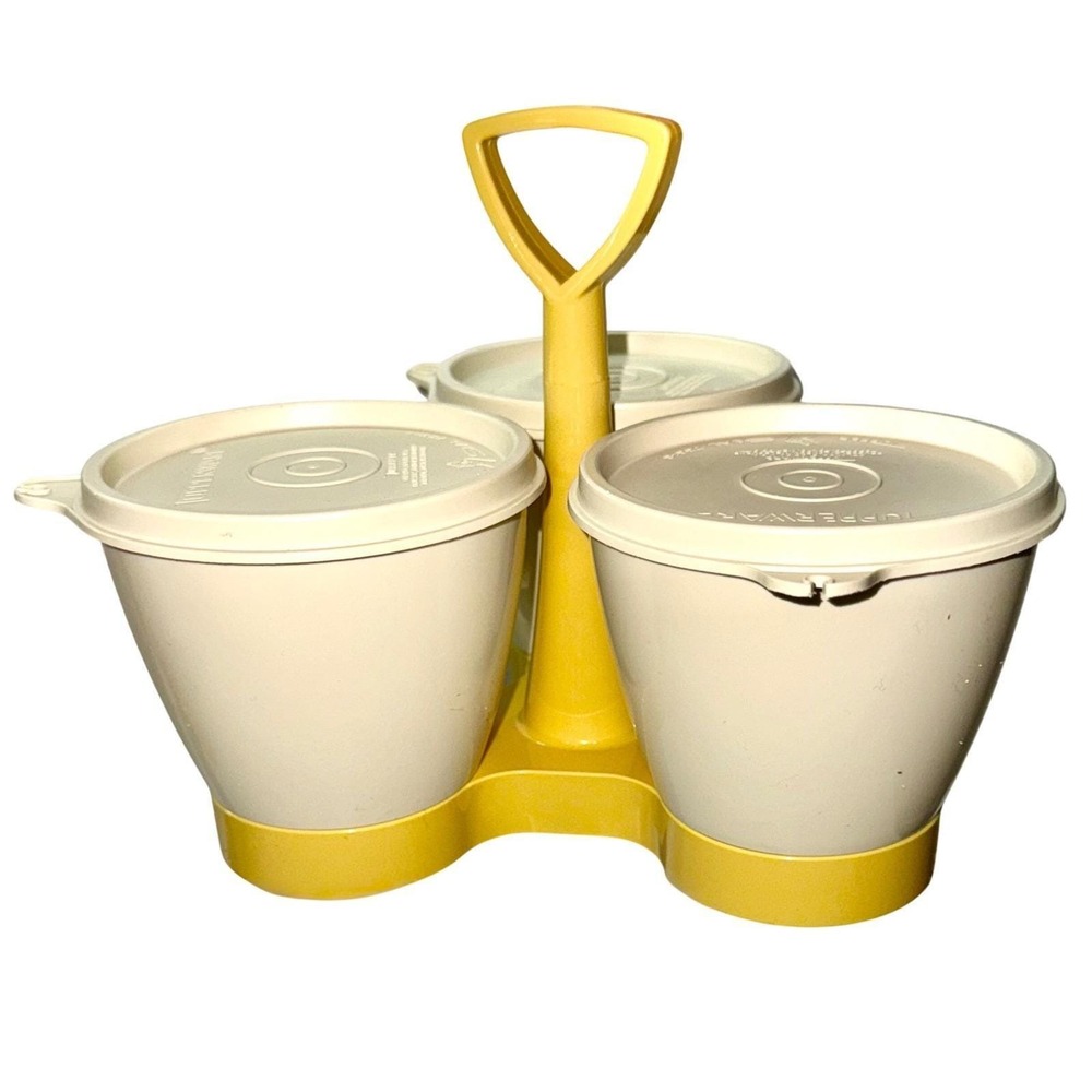 Tupperware Vintage Yellow Condiment Caddy 3 PC Beige Cups w/ Functional Lids
